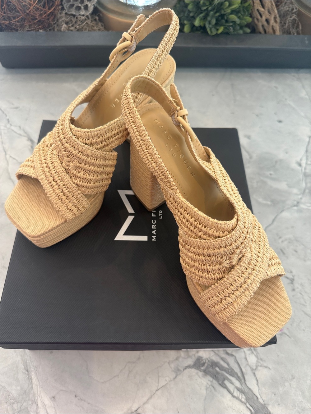 Marc Fisher Tan Braided Platform Slingback Heels